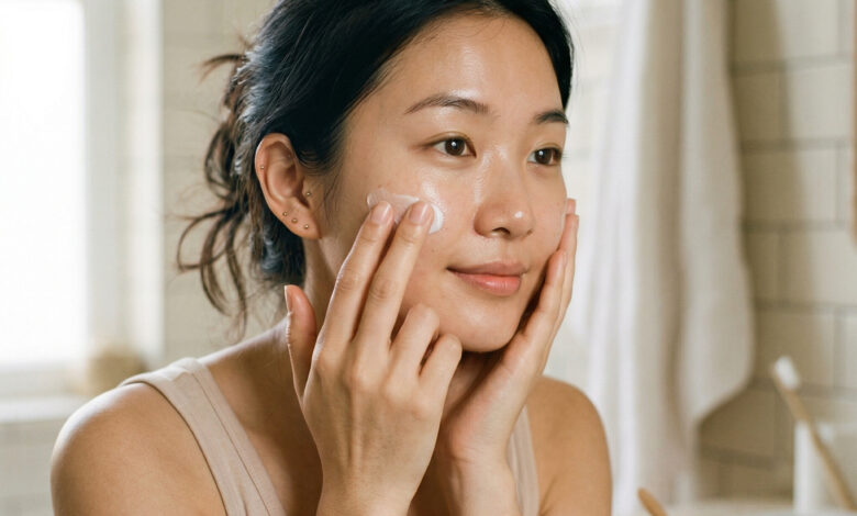 Skincare routine cho da khô - thoa kem dưỡng ẩm buổi sáng