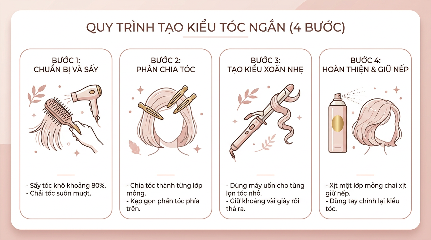 Minh họa các bước tạo kiểu tóc ngắn nhanh tại nhà, không có người thật