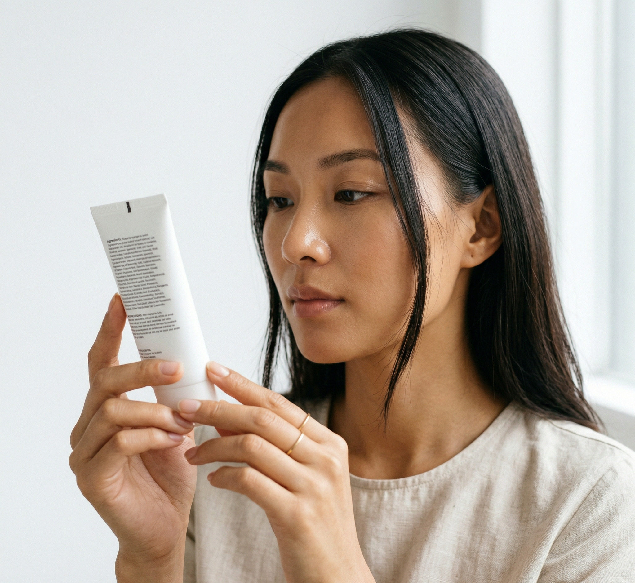 Phụ nữ đọc danh sách thành phần trên tuýp mỹ phẩm