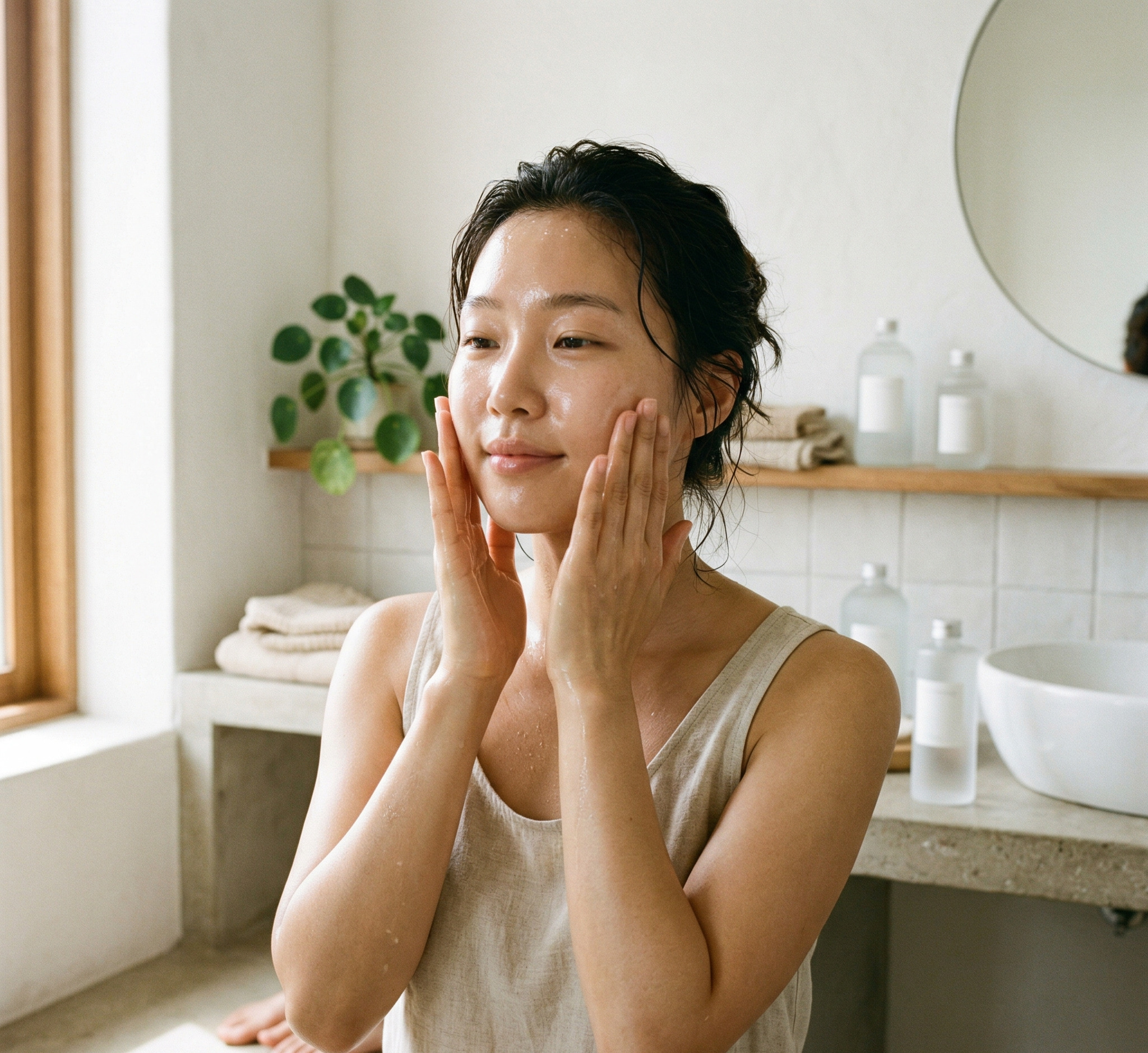 Thoa toner cấp ẩm vỗ nhẹ lên da cho glass skin routine