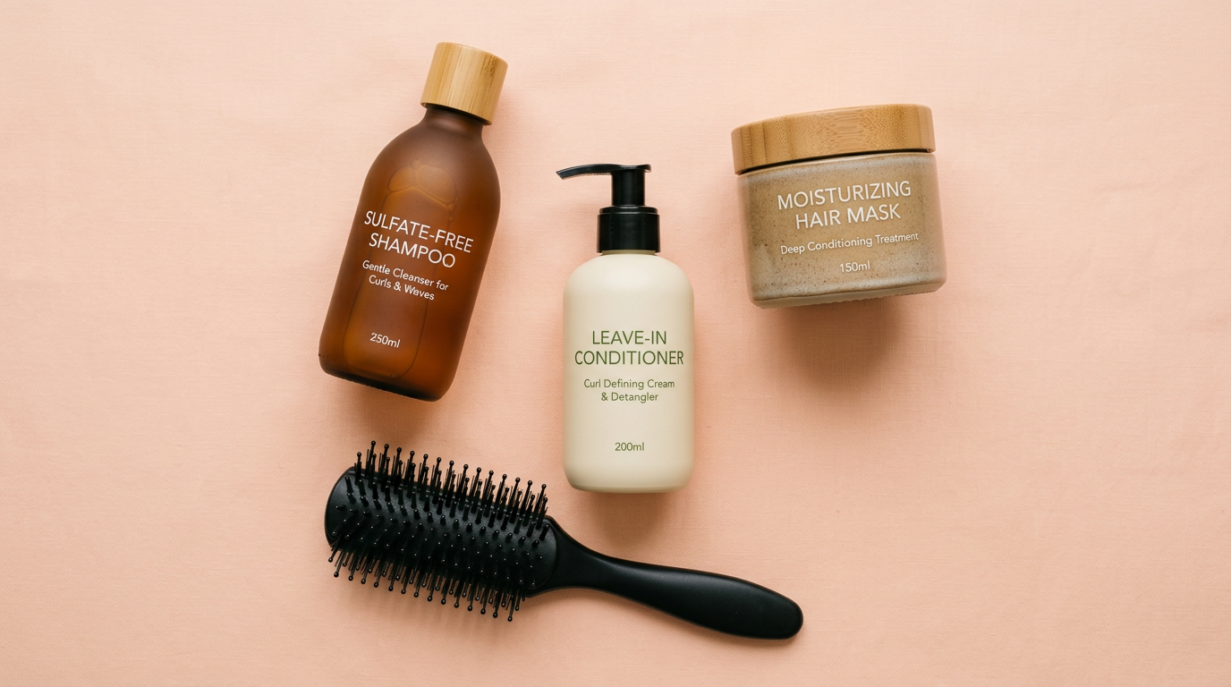 Sản phẩm chăm sóc tóc uốn gồm dầu gội sulfate-free, kem ủ và serum dưỡng tóc