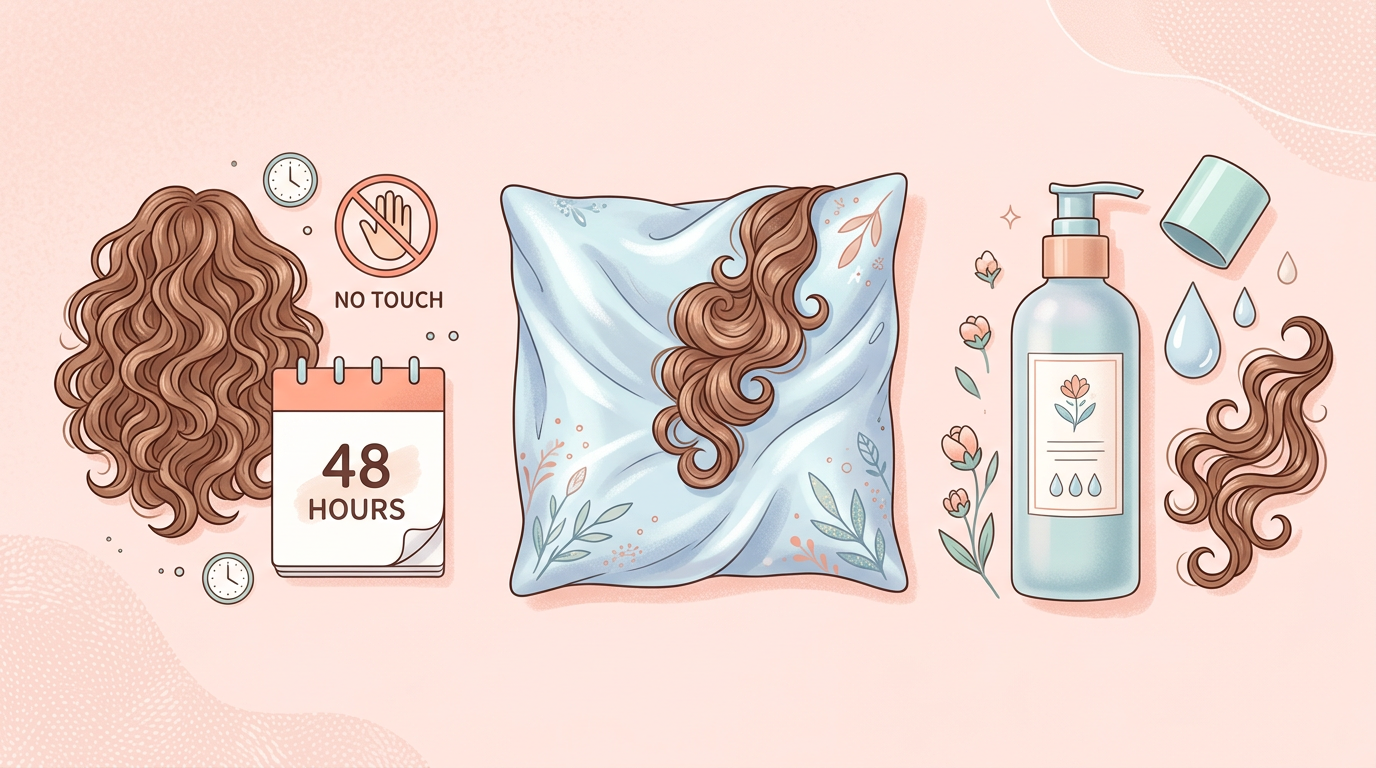 Hướng dẫn chăm sóc tóc uốn sau khi làm: tránh chạm tóc, dùng gối lụa, dưỡng leave-in