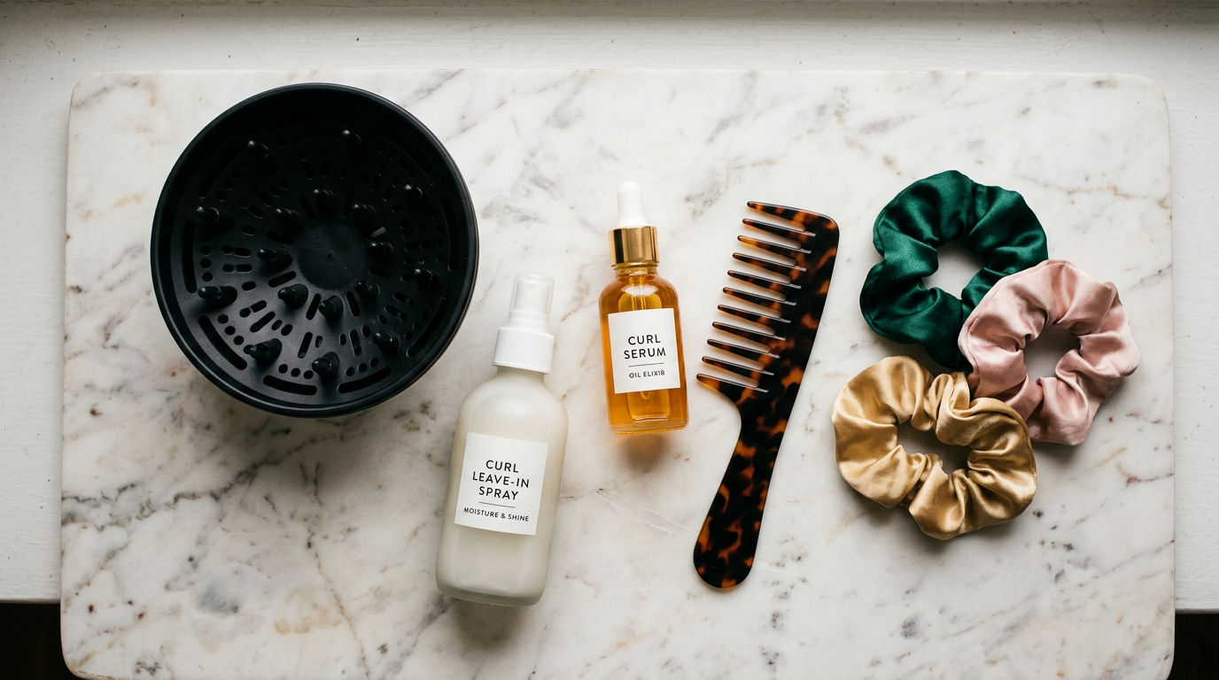 Bộ dụng cụ tạo kiểu và dưỡng tóc uốn hằng ngày: diffuser, serum, lược răng thưa, scrunchie lụa