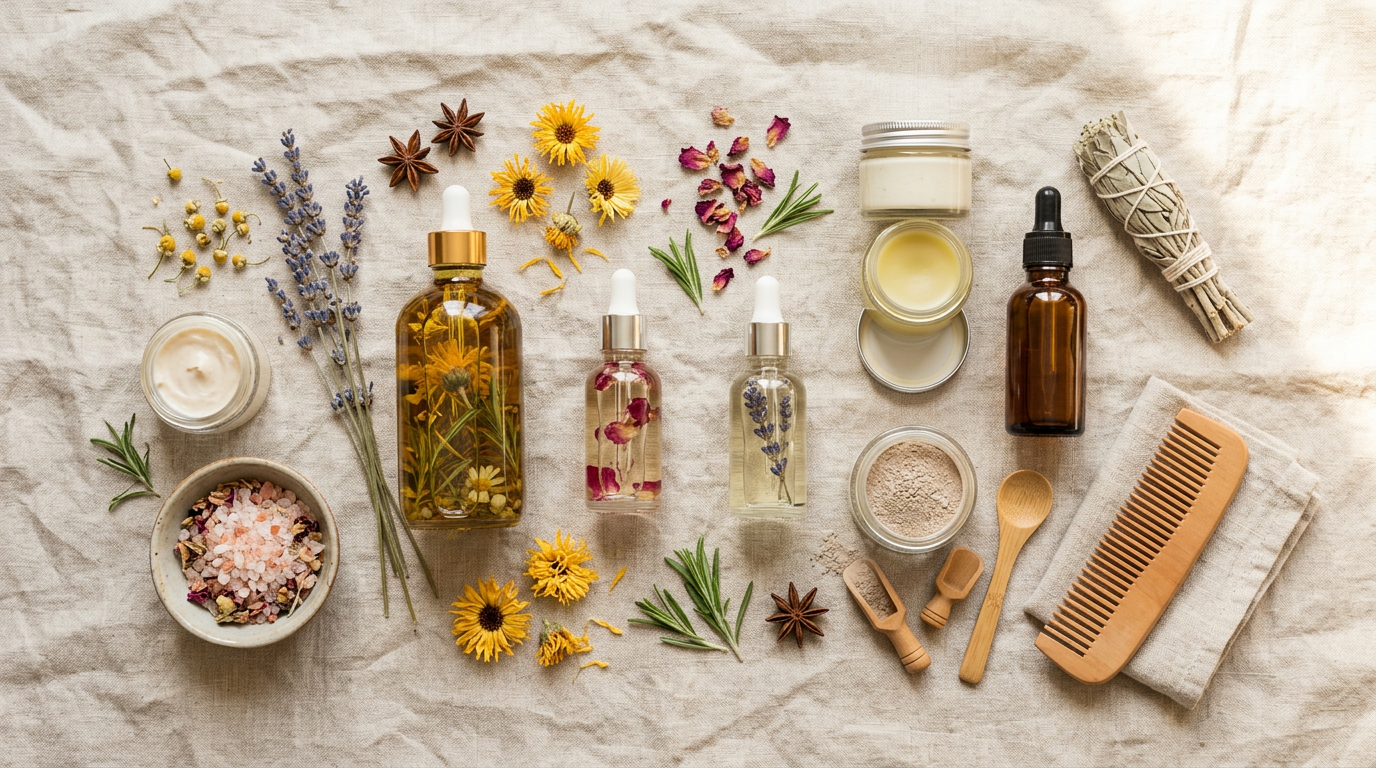 Mỹ phẩm organic với thành phần thực vật tự nhiên trong bao bì thủy tinh sang trọng