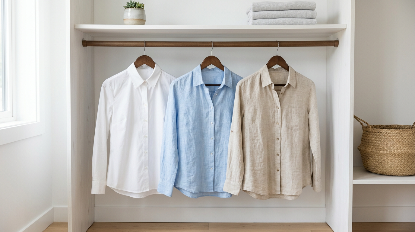 Bộ sưu tập áo sơ mi nữ cơ bản màu trắng, xanh nhạt và be treo gọn gàng trong tủ