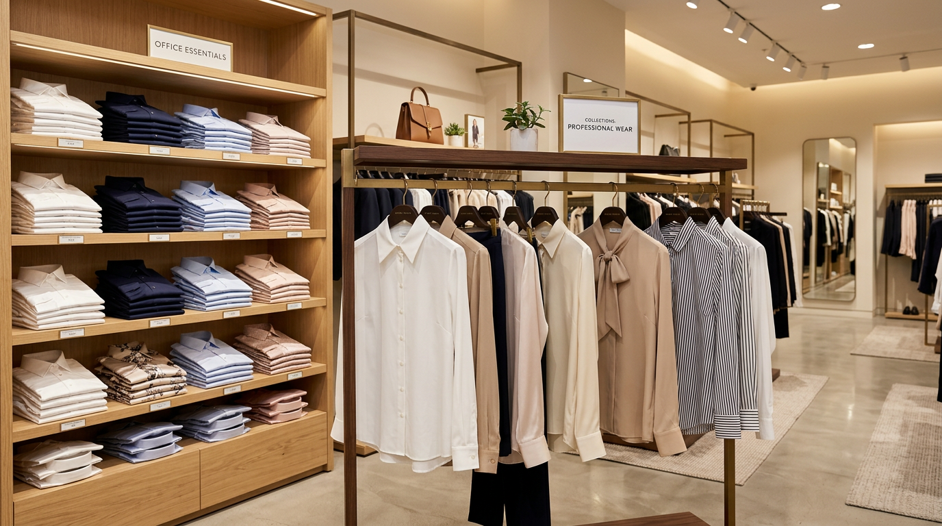 Áo sơ mi nữ công sở đa dạng kiểu dáng được trưng bày gọn gàng trong cửa hàng thời trang