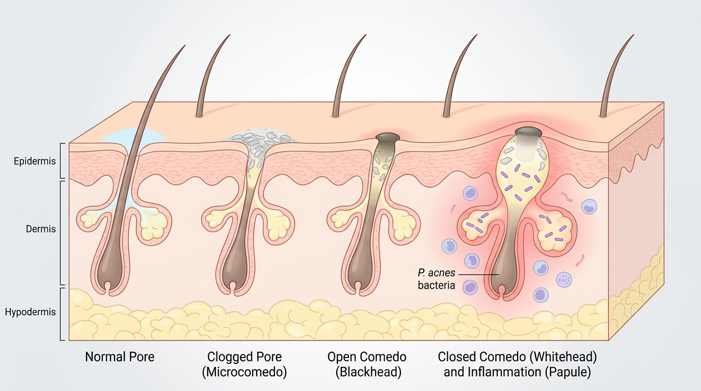 Sơ đồ minh họa cơ chế hình thành mụn ẩn dưới da do lỗ chân lông bị bít tắc