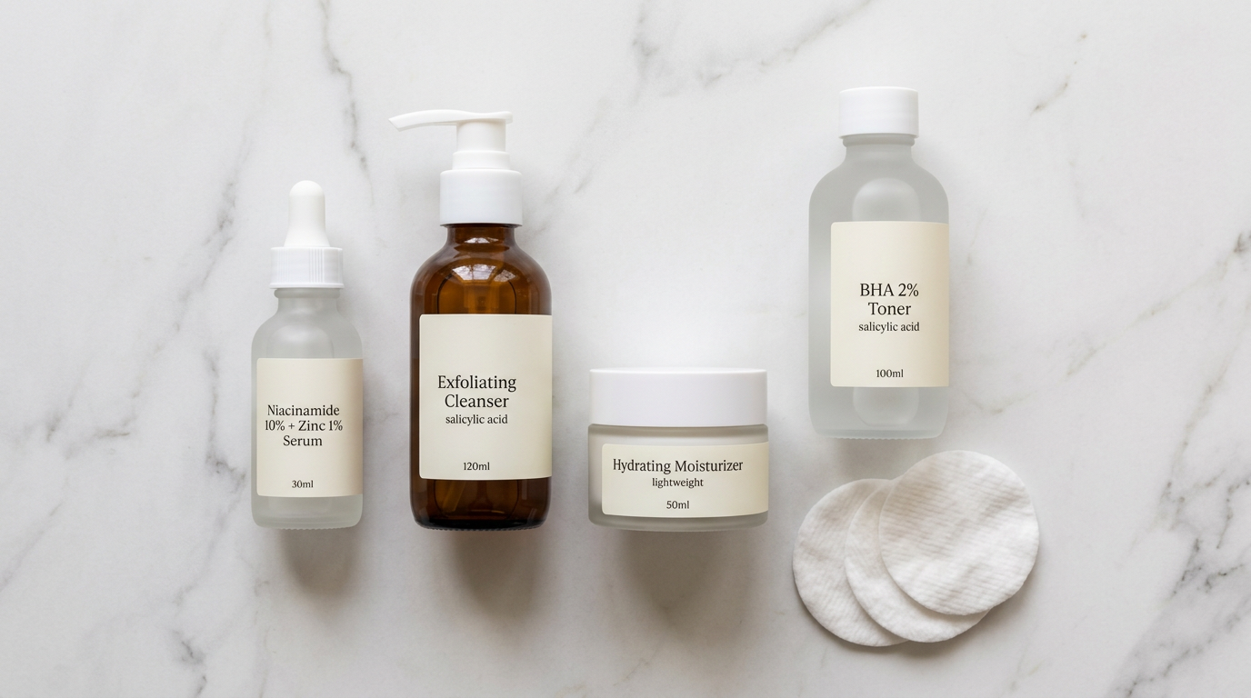 Bộ sản phẩm trị mụn ẩn tại nhà: BHA toner, sữa rửa mặt tẩy tế bào chết, kem dưỡng ẩm không bít lỗ chân lông