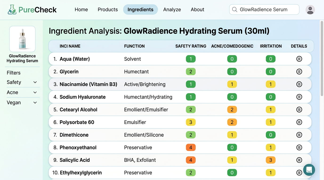 Giao diện trang web phân tích thành phần mỹ phẩm kiểu CosDNA với bảng đánh giá an toàn