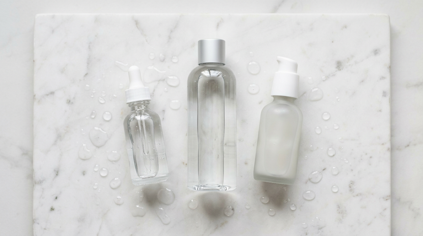 Sản phẩm dưỡng da gốc nước water-based bao gồm toner, essence và serum trên nền trắng